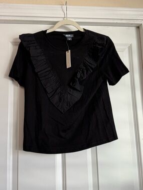 New Maeve By Anthropologie XS Extra Small Black Short Sleeve Front Ruffle Top
